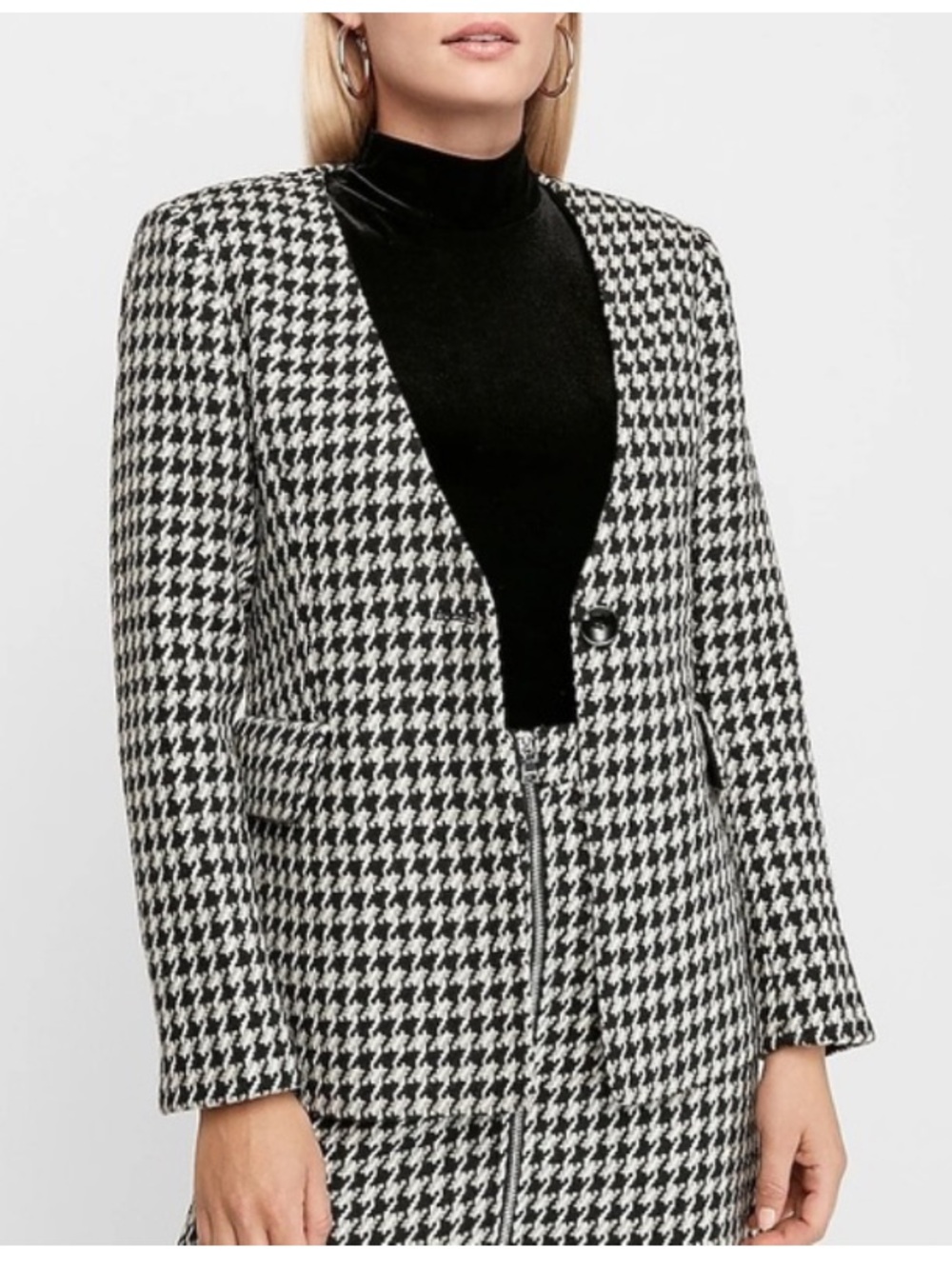 Express Houndstooth Plaid Collarless Single Breasted Blazer Jacket Black 00